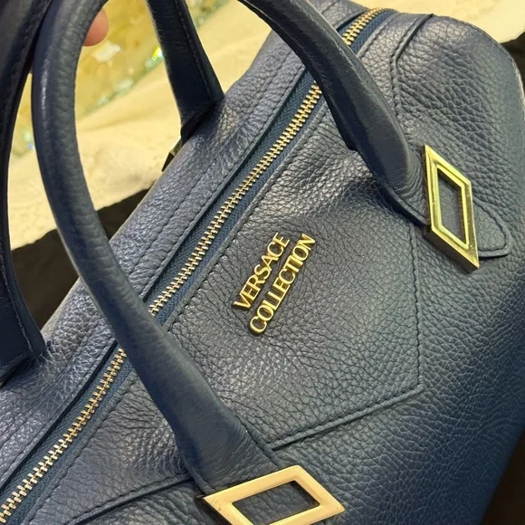 Versace Collection Vitello Handbag Blue Leather with Shoulder Strap and Dust Bag - Picture 8 of 13